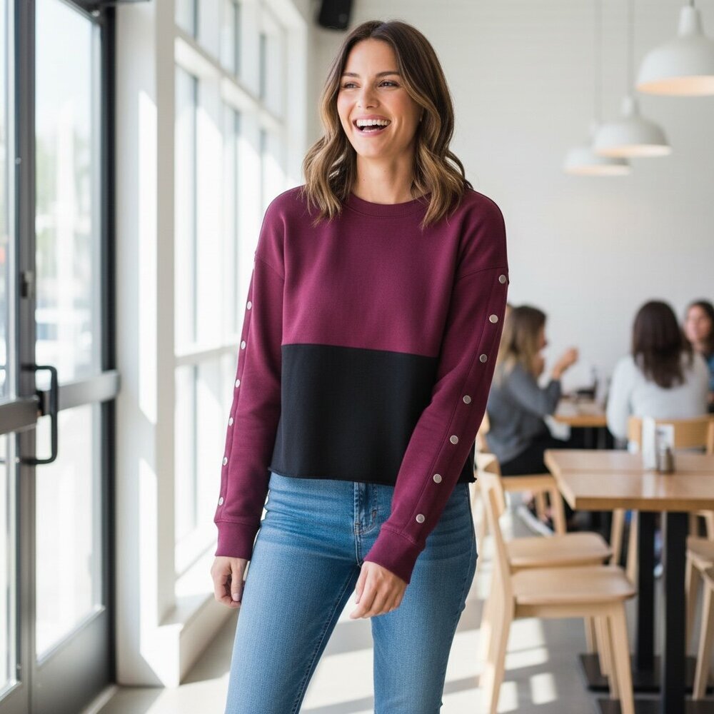 VICTORIA'S SECRET PINK SNAP SLEEVE BOYFRIEND CREW Sz L MAROON & BLACK‎ #231D